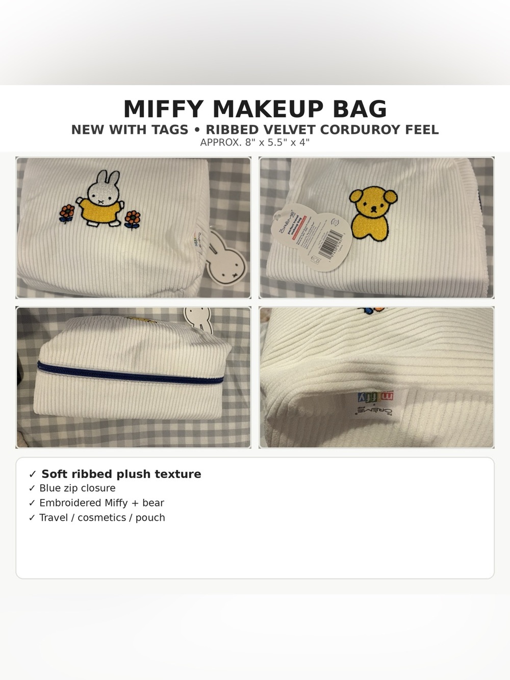 Miffy Ribbed Velvet Corduroy Travel Makeup Bag NWT